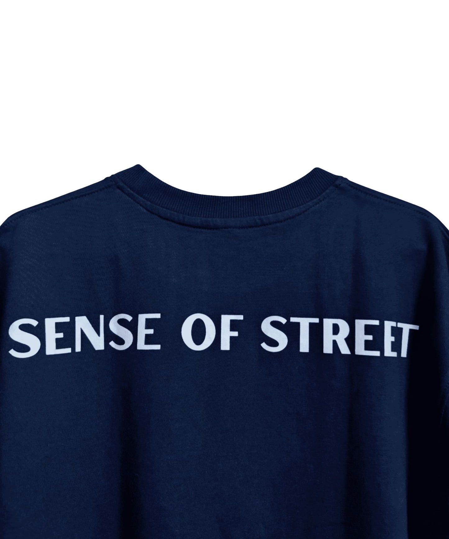 Back view of blue basic t-shirt with Sense of Street branding – Heavyweight cotton tee.