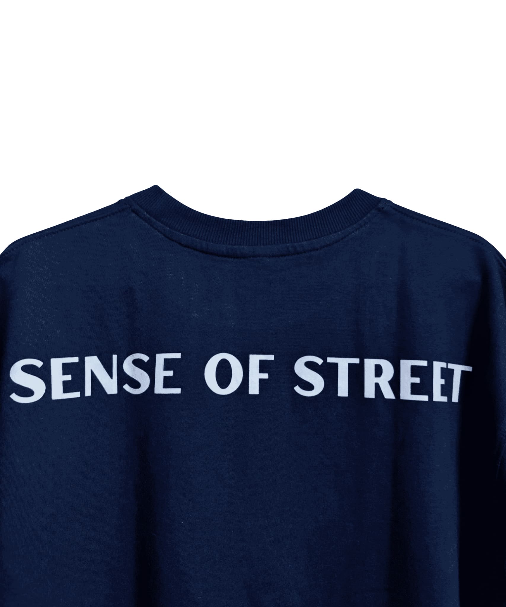 Back view of blue basic t-shirt with Sense of Street branding – Heavyweight cotton tee.