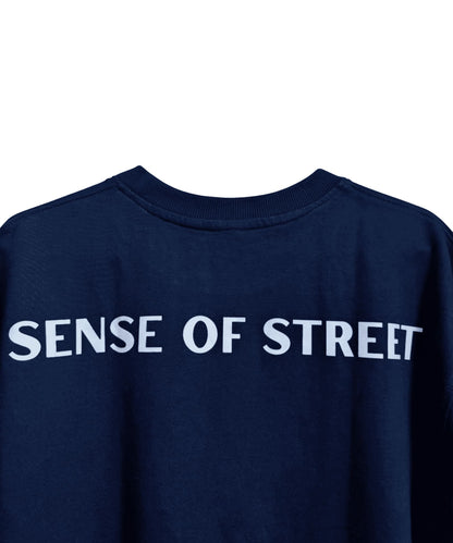 Back view of blue basic t-shirt with Sense of Street branding – Heavyweight cotton tee.