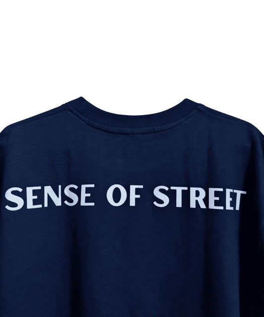 Back view of blue basic t-shirt with Sense of Street branding – Heavyweight cotton tee.