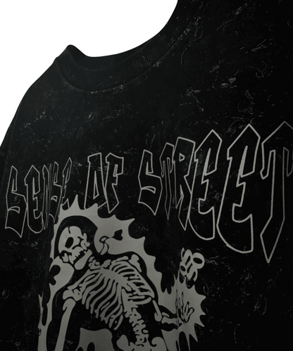 Detailed view of the premium high-definition skeleton graphic print - Sense of Street quality.