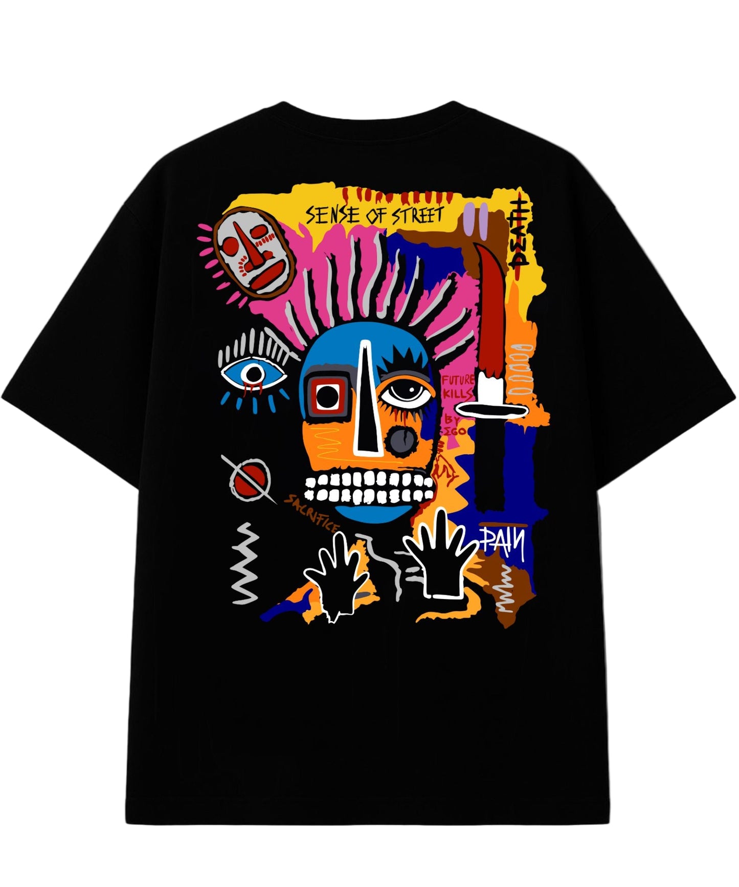 Graffiti-inspired tribal skull back print on 240 GSM heavy-weight cotton Future Kills t-shirt.