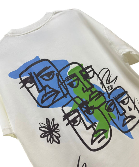 Abstract line-art faces and daisy graphic on back of white heavy-weight cotton streetwear t-shirt.