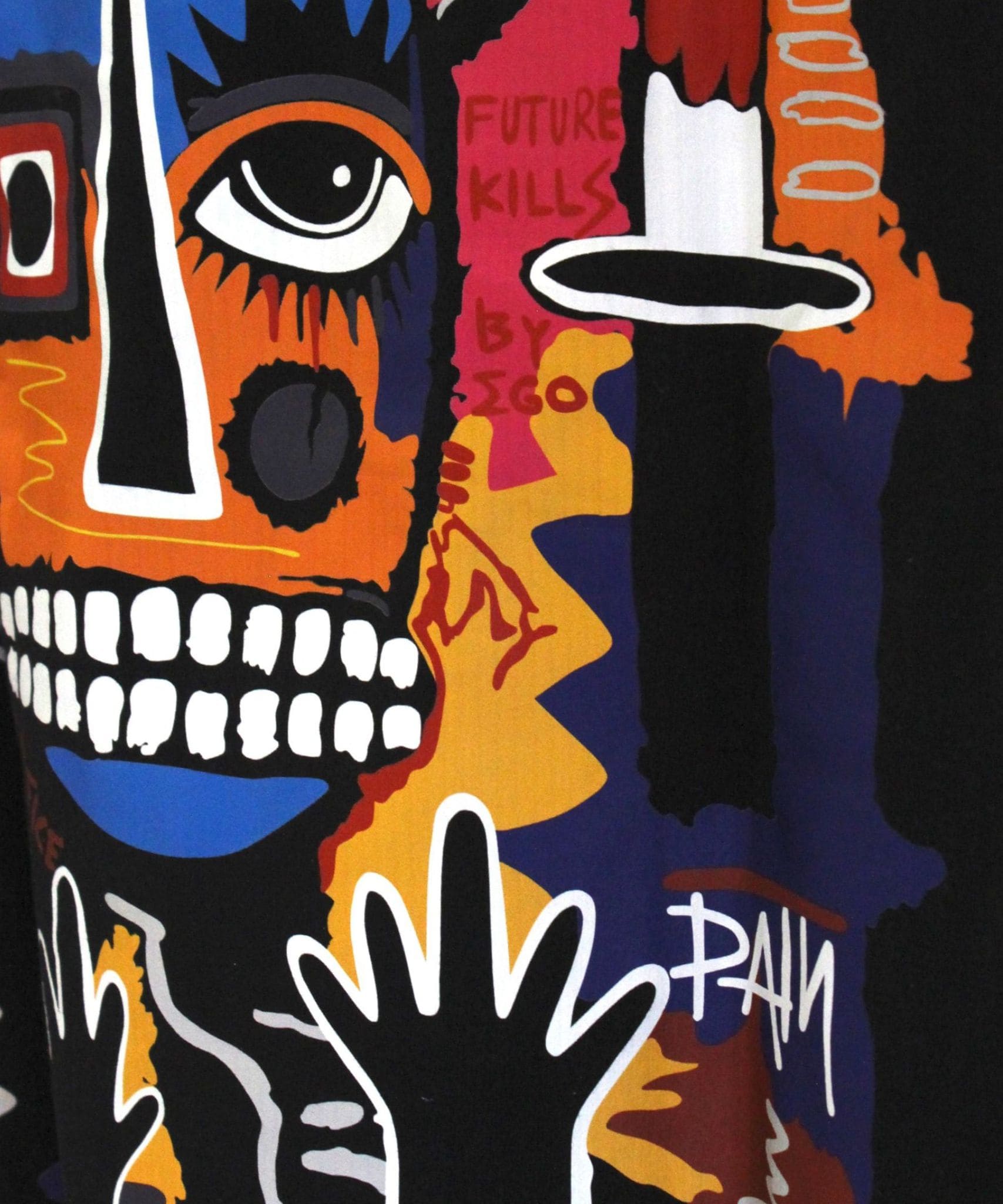 Close-up of the 240 GSM French Terry cotton fabric and jagged tooth skull design – Future Kills tee.