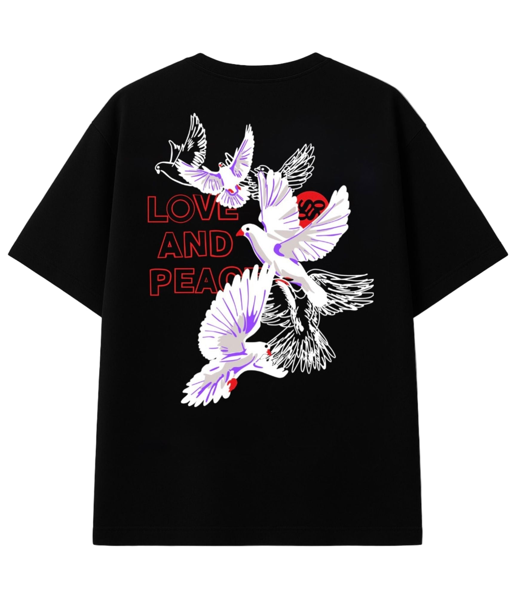 Back graphic with white birds in flight and red Love and Peace typography on 240 GSM black cotton tee.