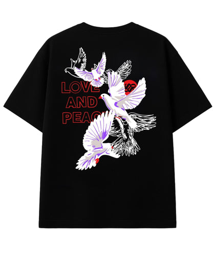 Back graphic with white birds in flight and red Love and Peace typography on 240 GSM black cotton tee.