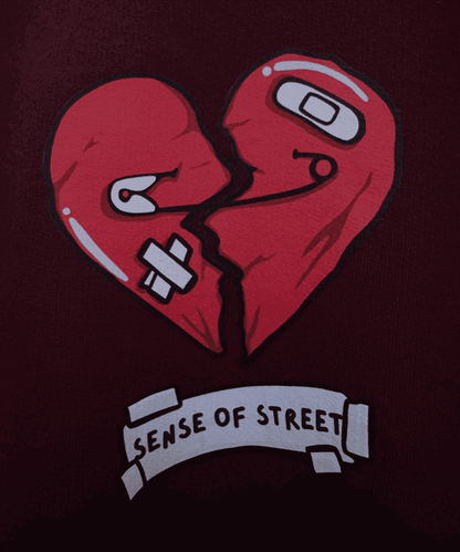 Detailed view of Raw Truth premium screen print on maroon fabric - Sense of Street